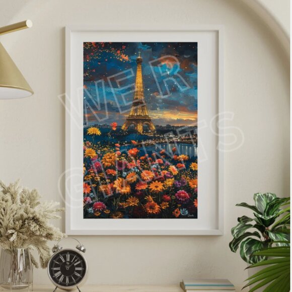 Beautiful Floral with Eiffel Tower Background 11x17 Art Print - Picture 1 of 2